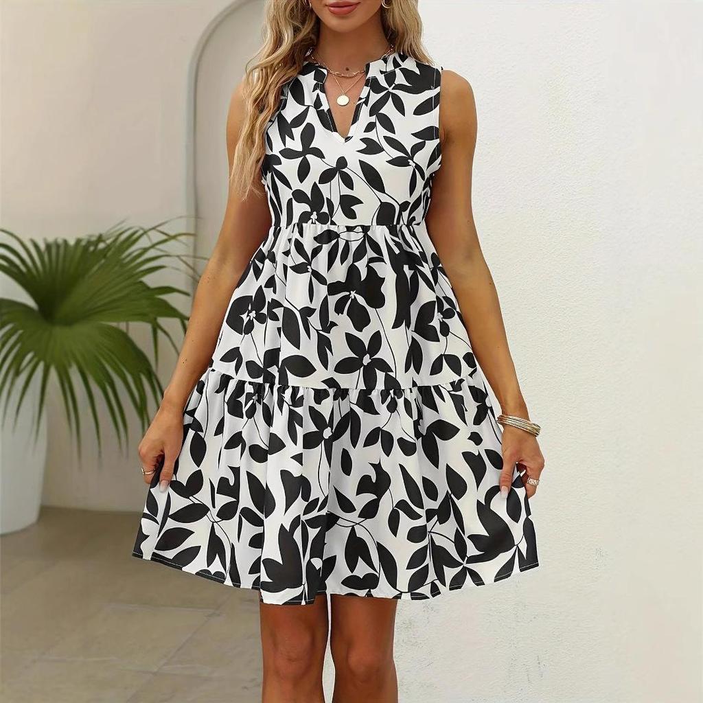 Women bohemian Summer Sleeveless leaves printed Holiday One Piece Dress