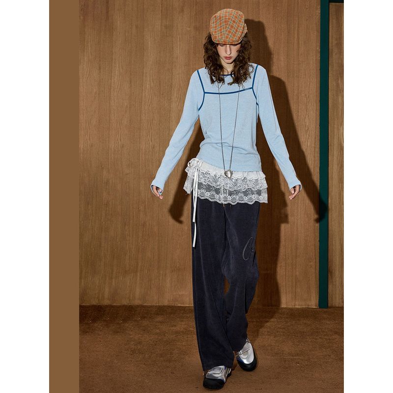 Coolhut Preppy Style 2025 Autum Women's Loose Light Blue Versatile Long-Sleeved T-Shirt