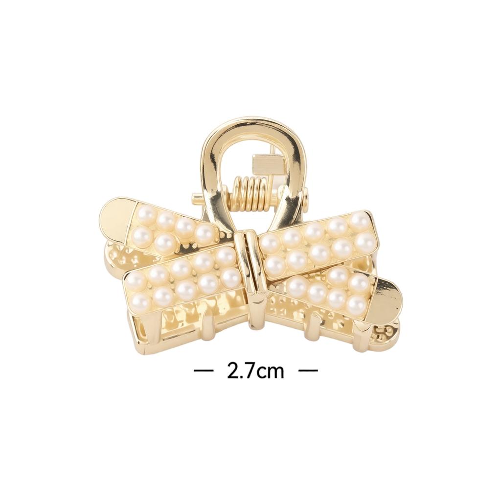 Metal Pearl Small Hair Claw Clip Luxury Bow Shaped Side Claw Hairpin with Rhinestones Small Size Hair Accessory for Bangs Styling