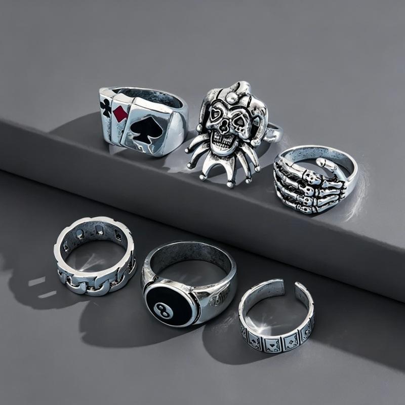 6Pcs Men Punk Poker Joker Silver Color Rings for Men Goth Skeleton Billiards Set Couple Emo New Fashion Jewelry Anillos Hombre
