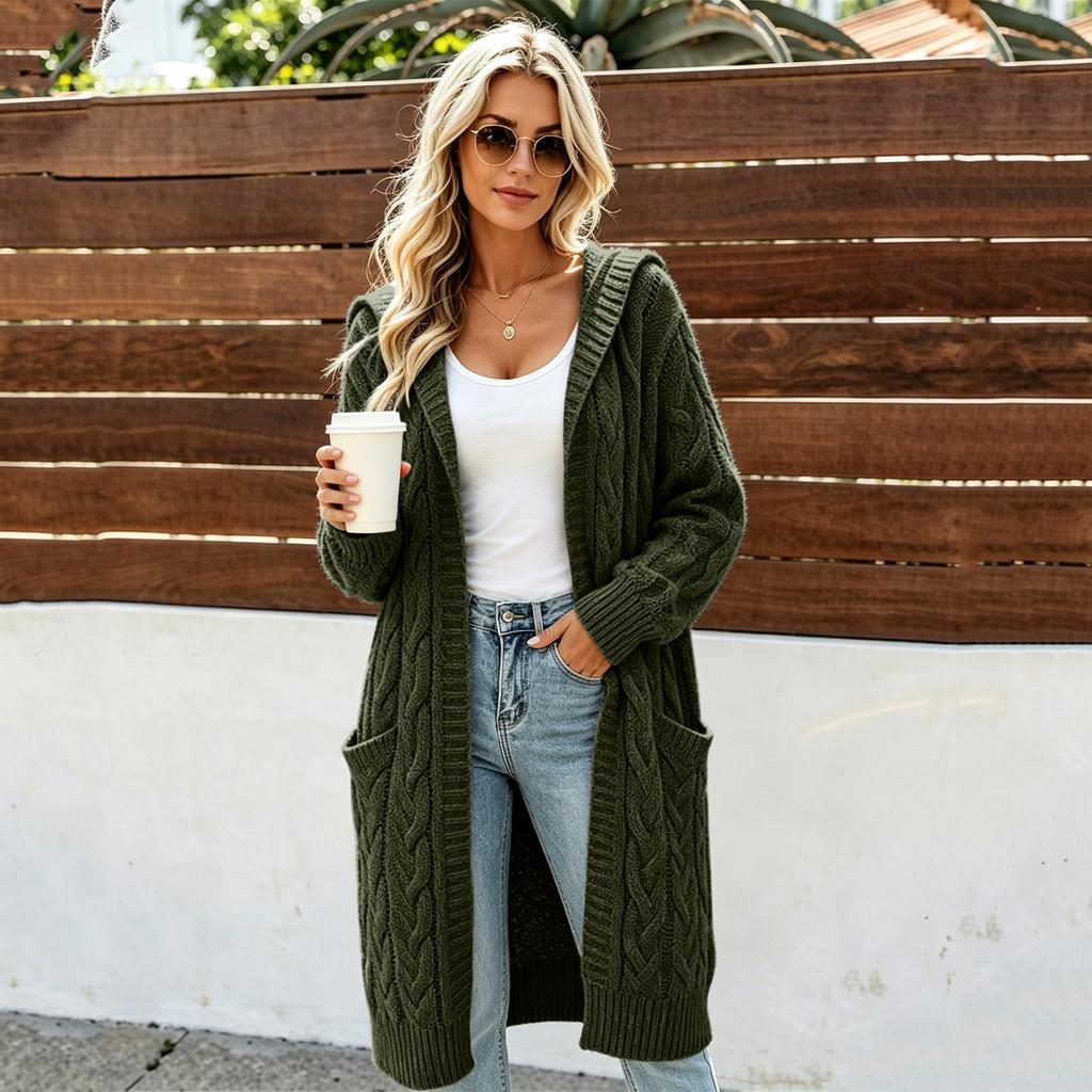 Women's Long Knit Cardigan with Hood - Long Sleeve Sweater Coat with Pockets