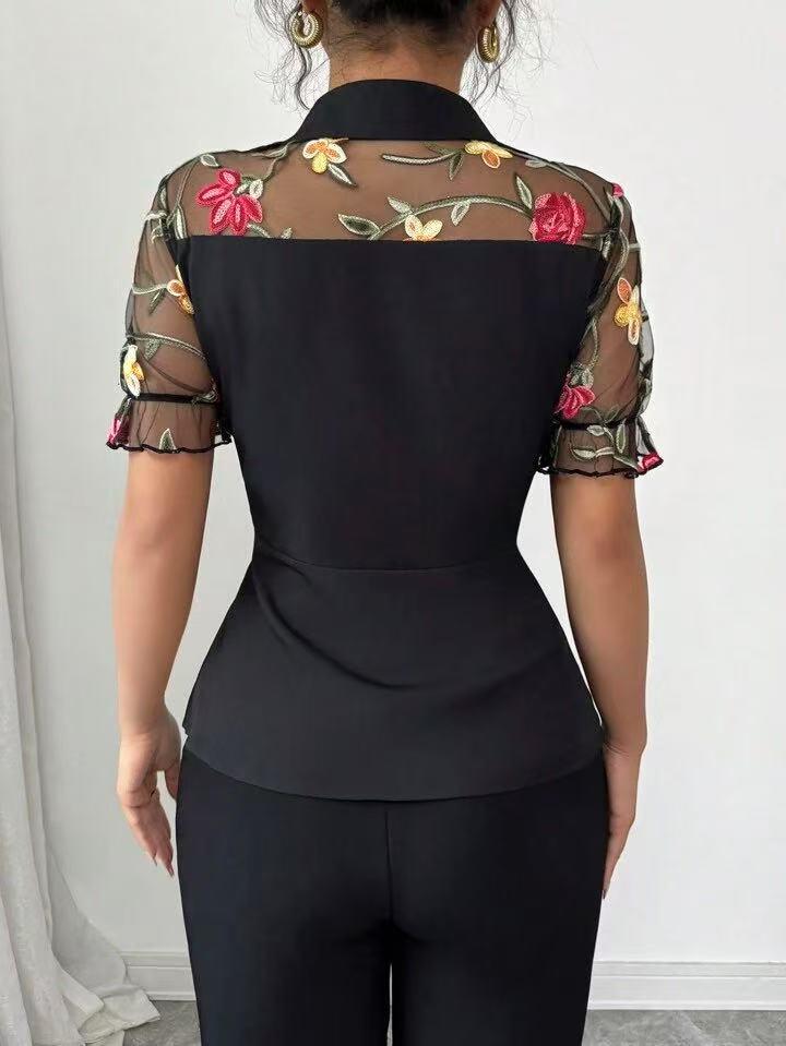 Elegantes Spitzenstickerei-Oberteil mit Puffärmeln für Damen