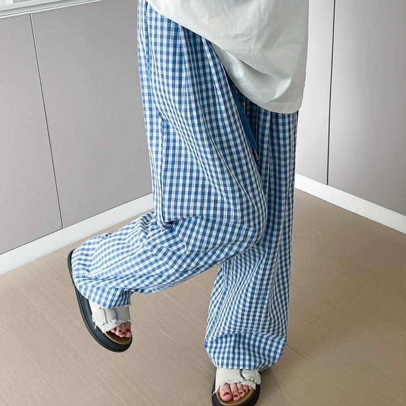 

Women s Summer Blue Plaid High-Waisted Straight-Leg Loose Trousers L (106-115 lbs)