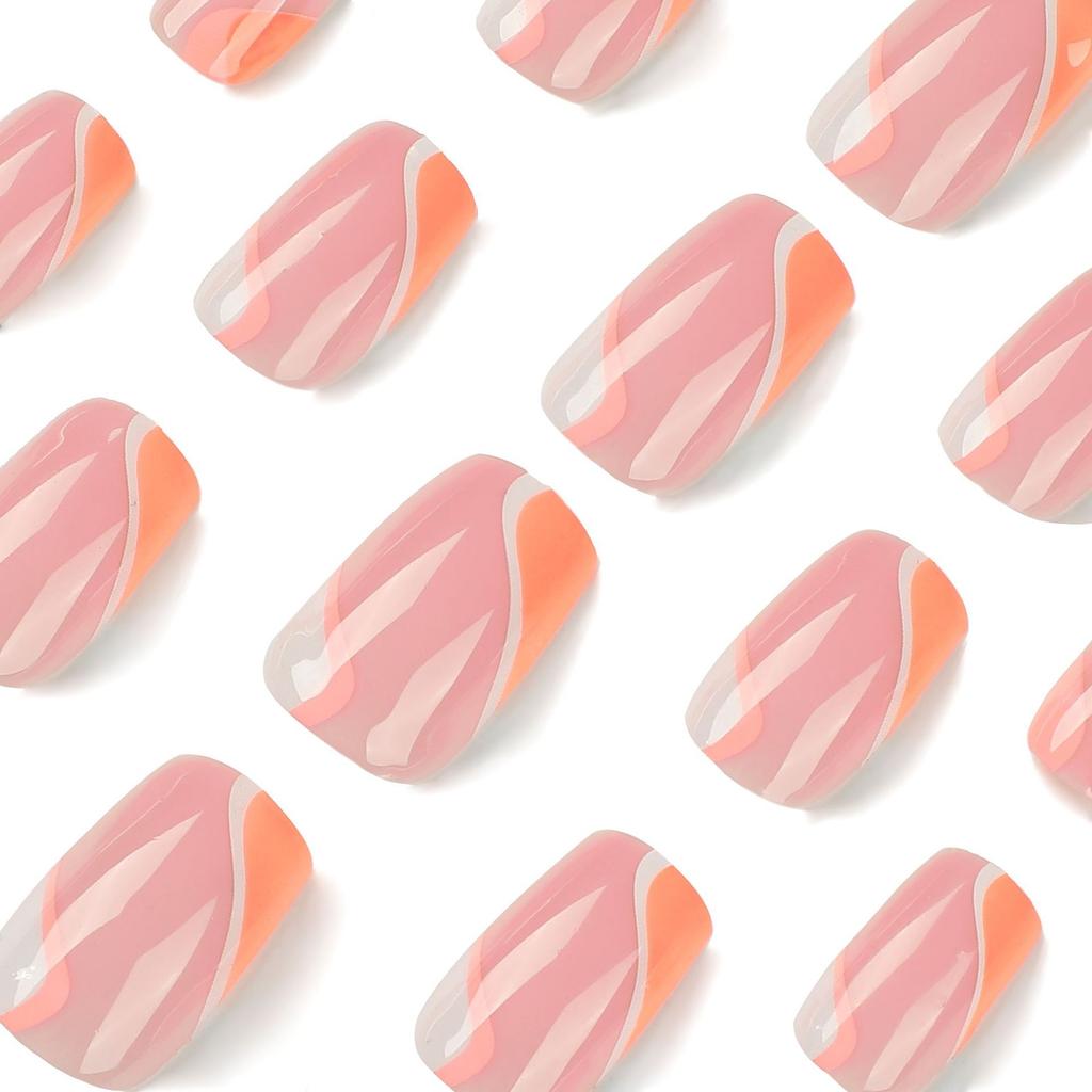 Wearable nail orange and white splicing diagonal French wearing nail pink and white contrasting color wave finished nail nails