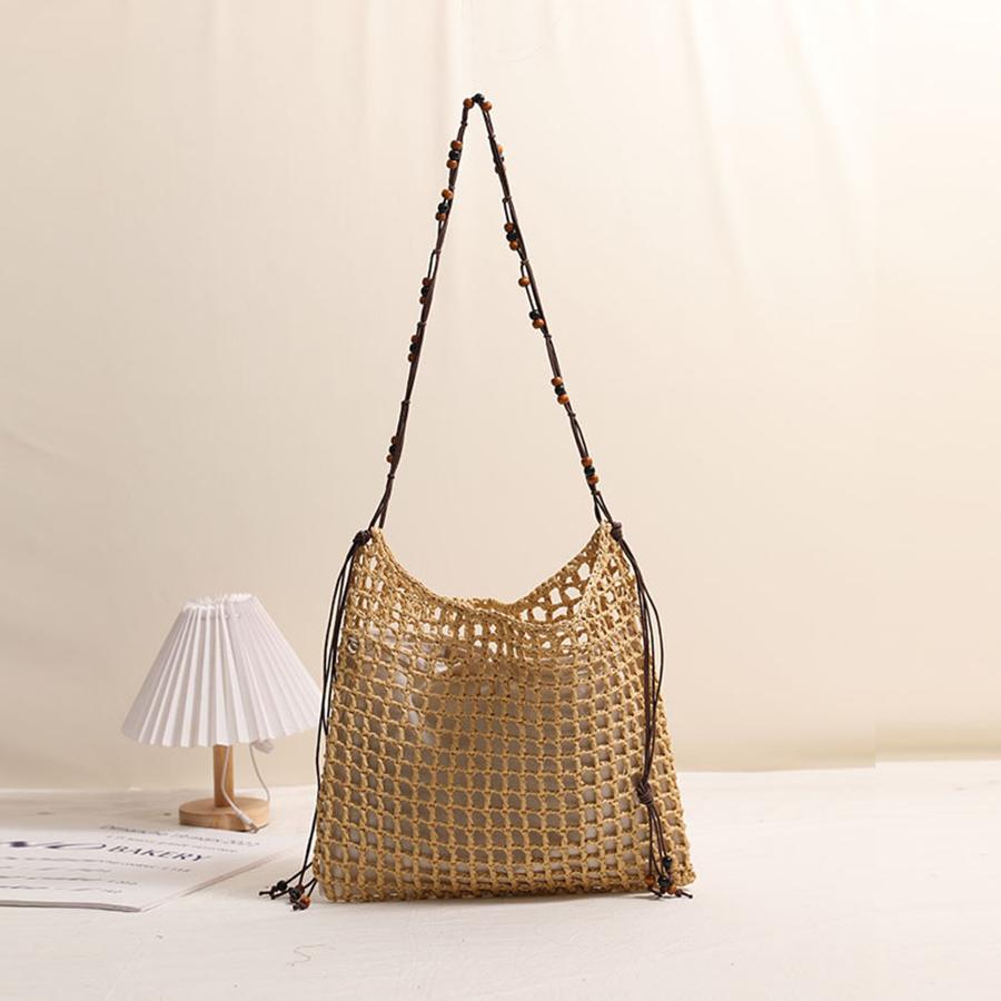 

Beaded shoulder strap single-shoulder square straw woven bag hollow out shoulder bags solid color tassels handbags beach clutch 36x30cm кофейный