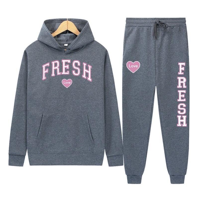 Womens Hooded Sweatshirt Set With Printed Graphic Long Sleeve Top Matching Pants Streetwear Casual Two Piece Outfit