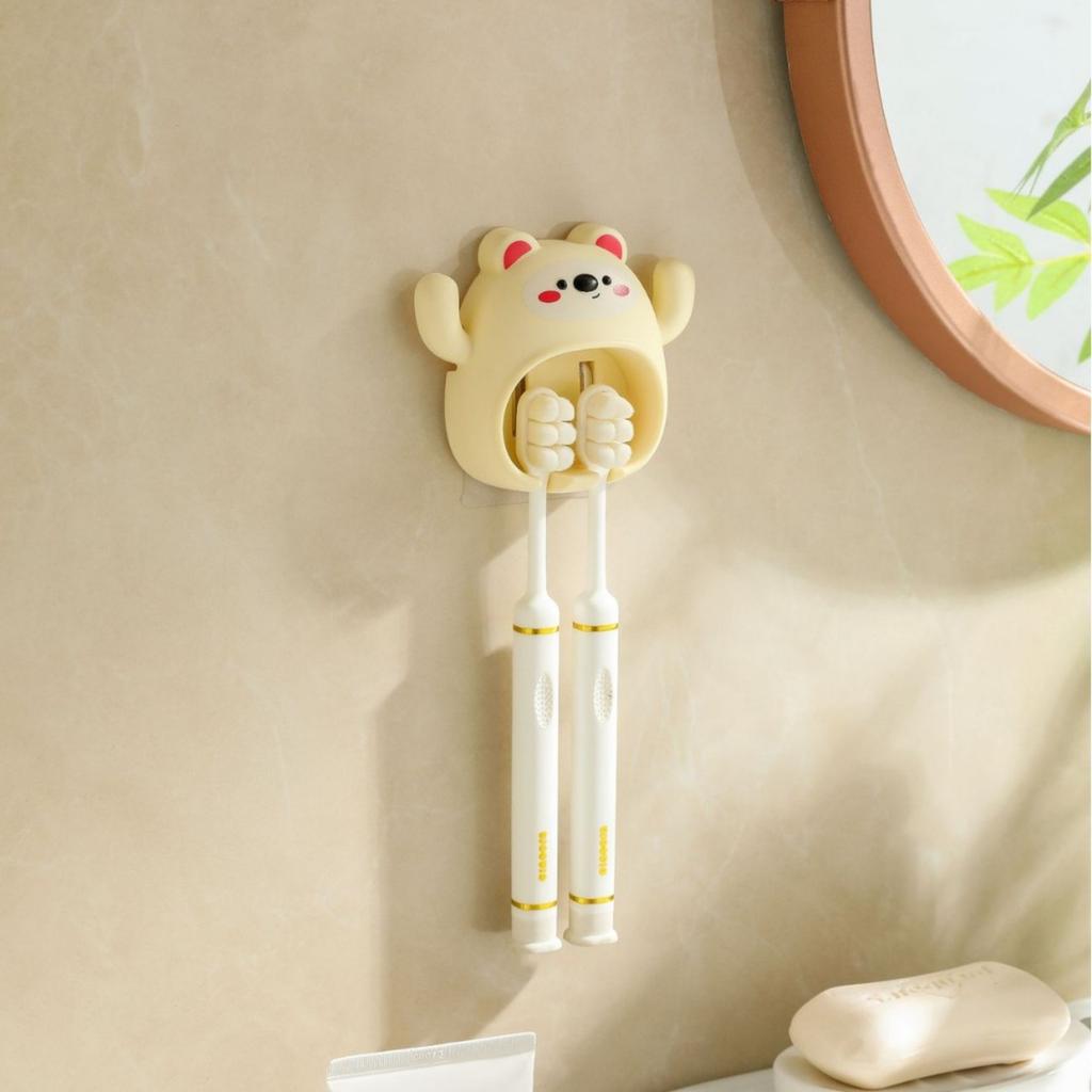 Toothbrush Holder Wall Mounted Non Drilling Cute Bear Design Bathroom Storage Rack Cartoon Style Organizer for Home Use
