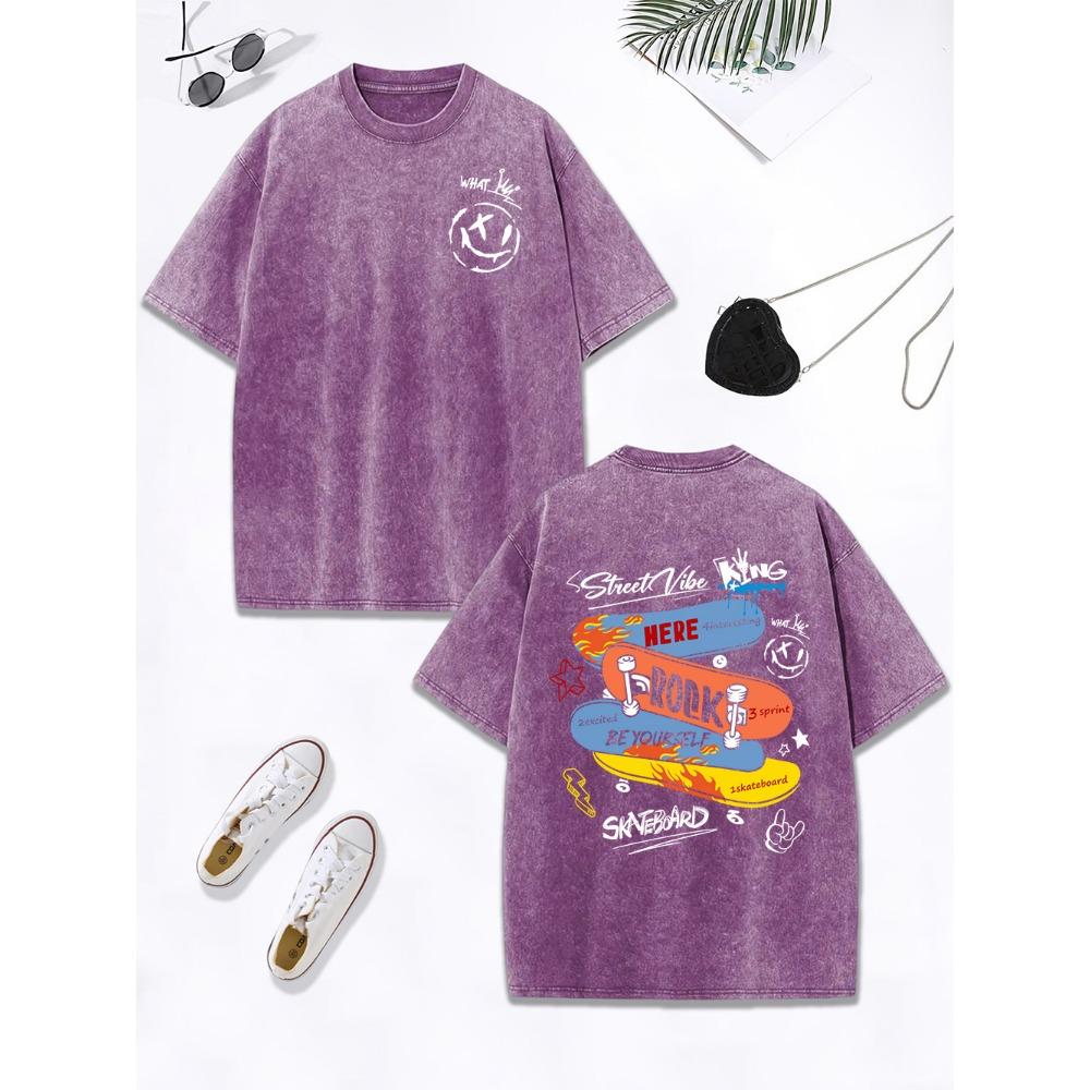Skateboard Rock Be Youself Printing Washed T-Shirts Women Cotton Oversized T Shirt O-Neck Tops Casual Woman Clothes