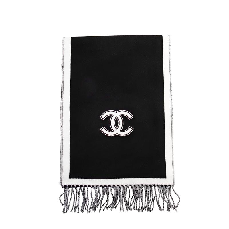 

CHANEL [24B New Product] Double C logo tassel trim, sheep wool velvet scarf, same style for men and women, couple model, black and white білий