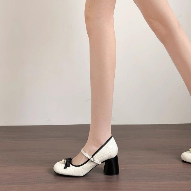 Fashion French Fairy Style White Mary Jane High Heels for Women In Spring 2025, Pearl Wedding Shoes, Bow, Thick Heel Single Shoes
