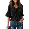 Women's V Neck Ruffle Blouse 3/4 Bell Sleeve Casual Solid Loose Fit Tunic Top