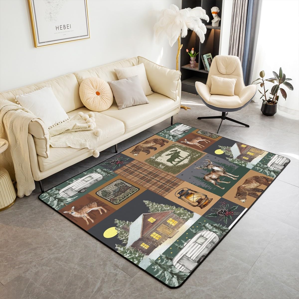 

Rustic Farmhouse Area Rug 5x7 for Bedside Living Room, Retro Cabin Lodge Carpet Non Slip, Hunting Bear Deer Rug, Maple Leaves Indoor Floor M 120cm x 160cm
