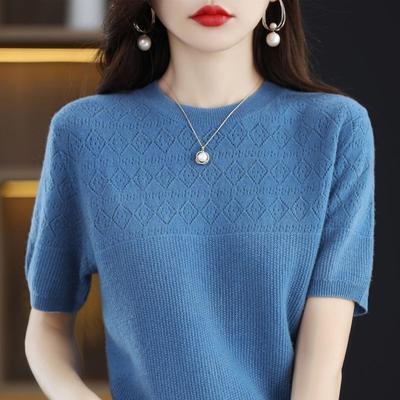 Dzianinowa koszulka ażurowa T-shirt Wiosna Nowa Okrągły dekolt Krótki rękaw Luźny top