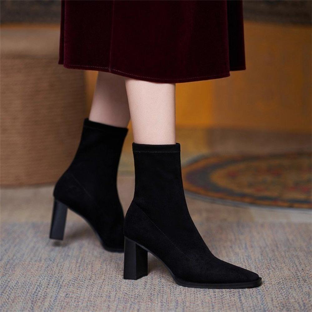 Design Ankle Chunky High Heel Sock Chelsea Boots Women Autumn Pointed Frosted Suede Short Boots Female Pumps Sexy Warm Boots