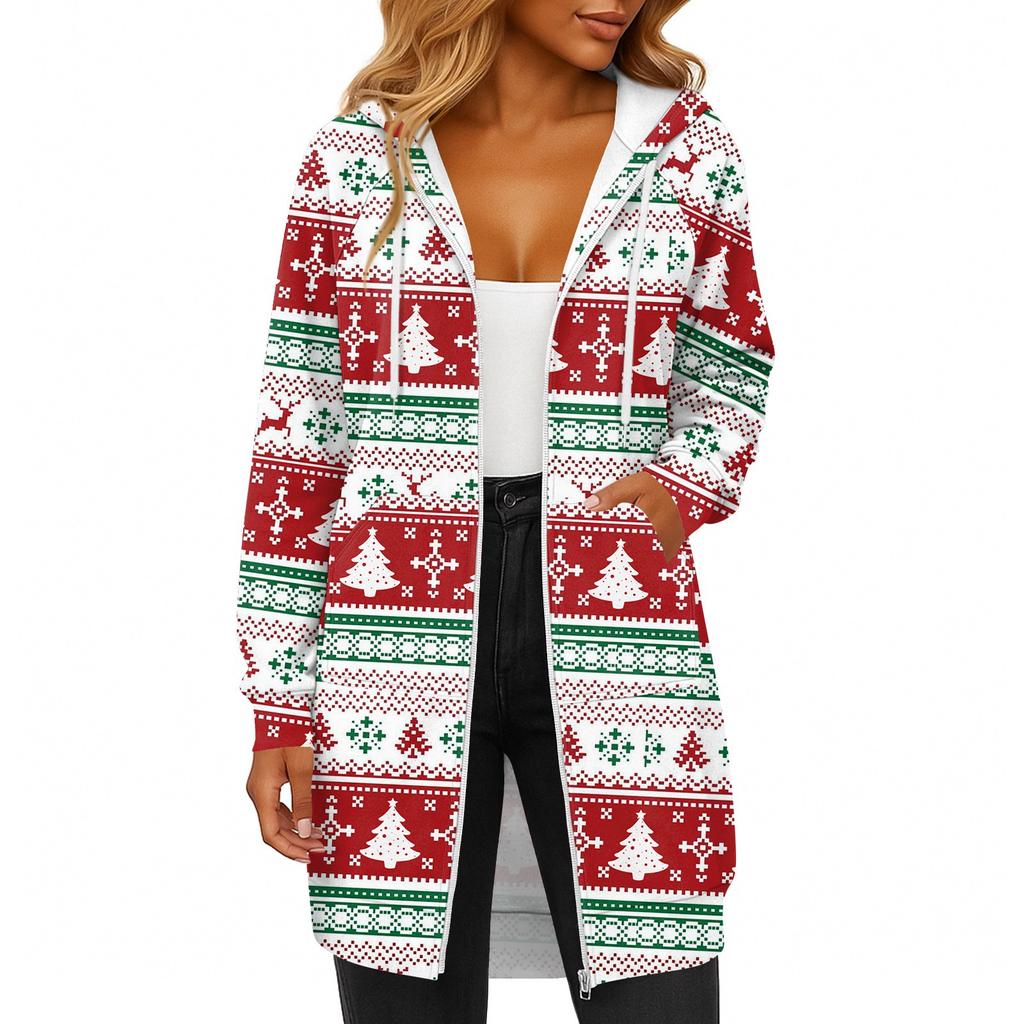 Women's Fashionable Christmas Printed Long Sleeved Drawstring Hooded Zipper Pocket Long Casual Sweatshirt Jacket