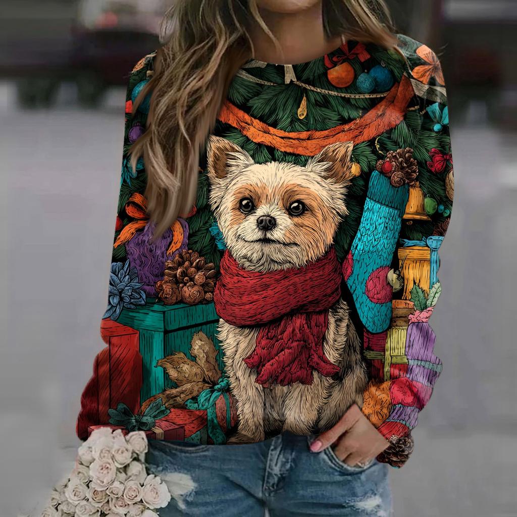 Women's Fashion Casual Long Sleeve Christmas Printed Neck Sweatshirt Top