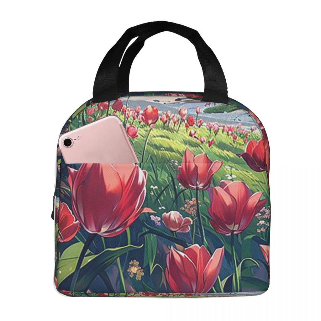 Red Tulip In The Beach Insulated Lunch Bag for Women Children Portable Food Boxes Thermal Lunch Box Tote