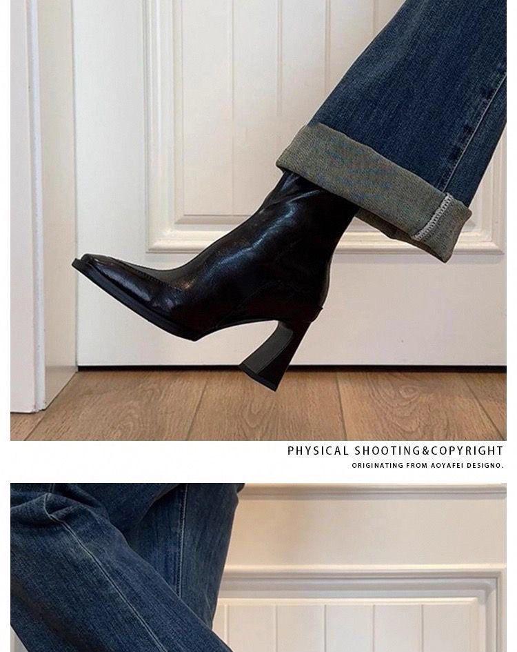 French Retro Square Toe Chunky Heel Ankle Boots for Women - Autumn Winter Versatile Slim Fit In Brown Black.