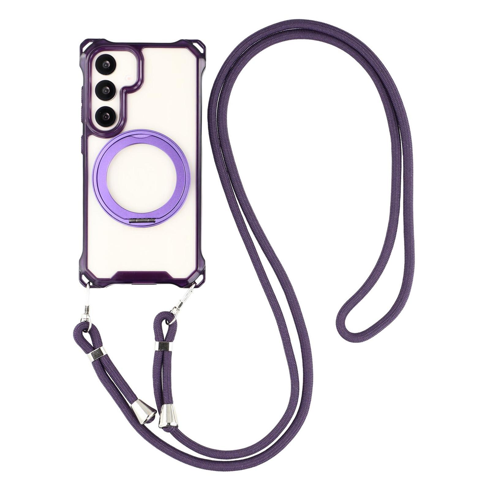 

For Samsung Galaxy S25+/S24+ Magnetic Case Ring Kickstand TPU+PC Phone Cover with Lanyard Purple