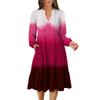 Women's V-Neck Flowing Layered Bohemian Long Sleeve Gradient Print Dress