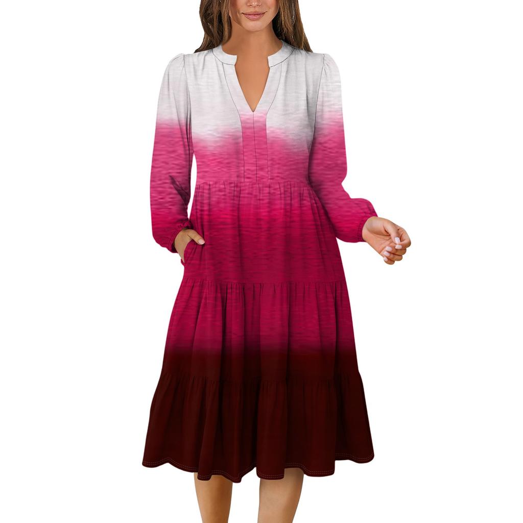 Women's V-Neck Flowing Layered Bohemian Long Sleeve Gradient Print Dress