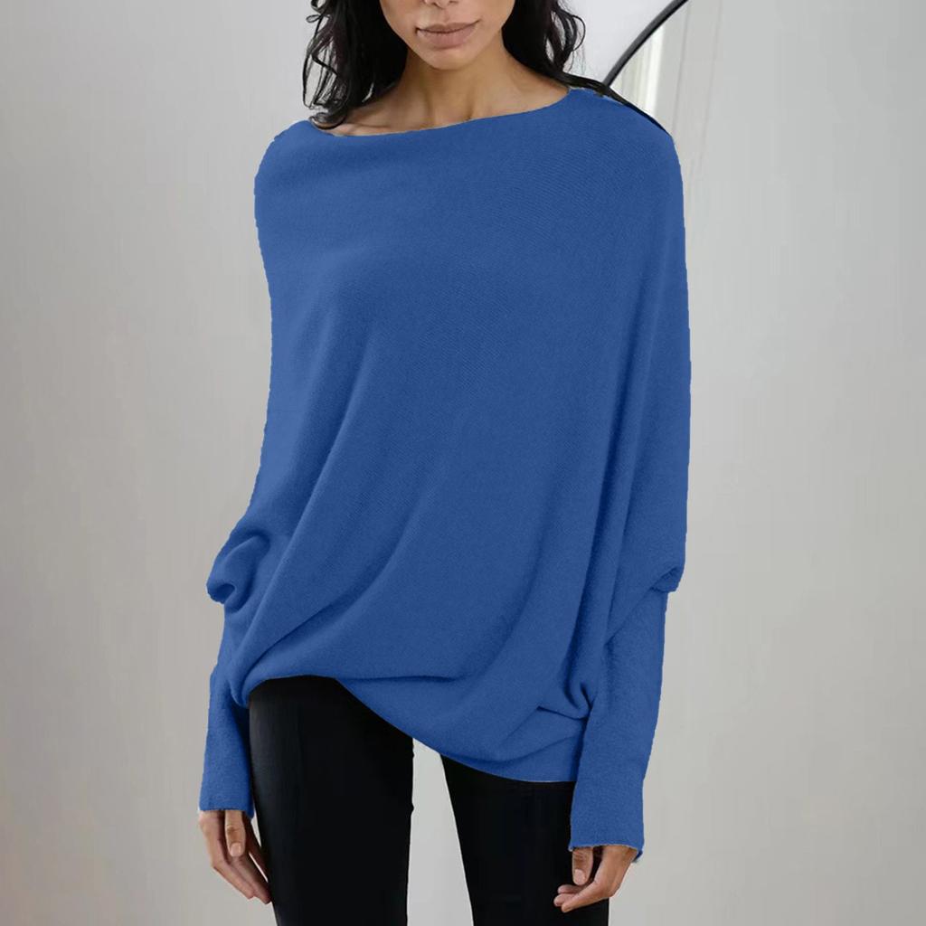 Damen Langarmshirt mit Rundhalsausschnitt, Tunika-Oberteile, Herbst, Baggy, Slouchy-Pullover, schulterfrei