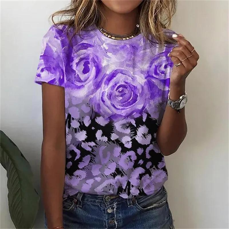 Summer Round Neck Floral Print Top  Fashionable Casual Short Sleeved Women's T-shirts
