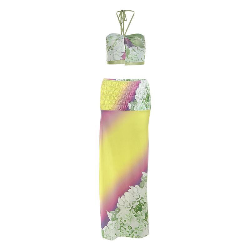 New Women's Clothing Personalized Mesh Printing Halter Neck Camisole Sexy Slit Skirt Suit