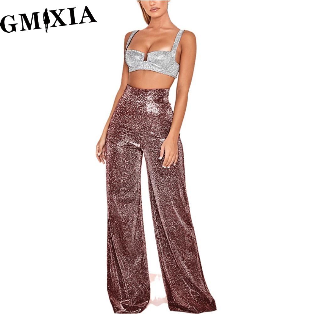 

Женские брюки GMXIA Блестящие однотонные Брюки с высокой талией Весна Осень Темперамент Свободные Прямые Брюки с широкими штанинами Повседневные брюки XL