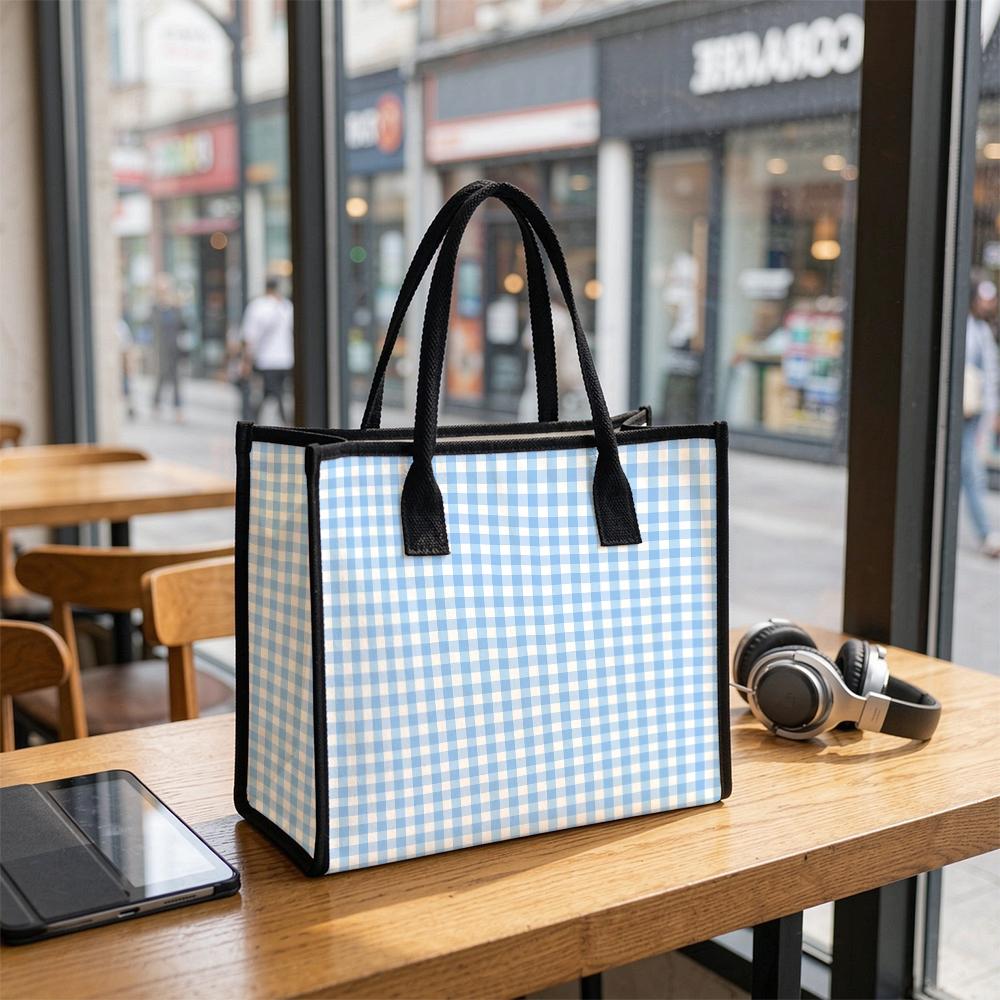 Blue Gingham Casual Tote Bag Large Capacity Daily Shoulder Handbag for Shopping Work Commute