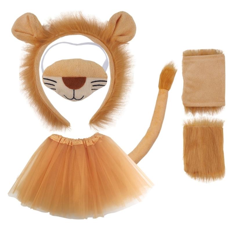 Halloween Lion Cosplay Costume Set, Lion Ear Hairband Tail, Skirt, Bowtie, Animal Dress up Costume for Kid Cosplay