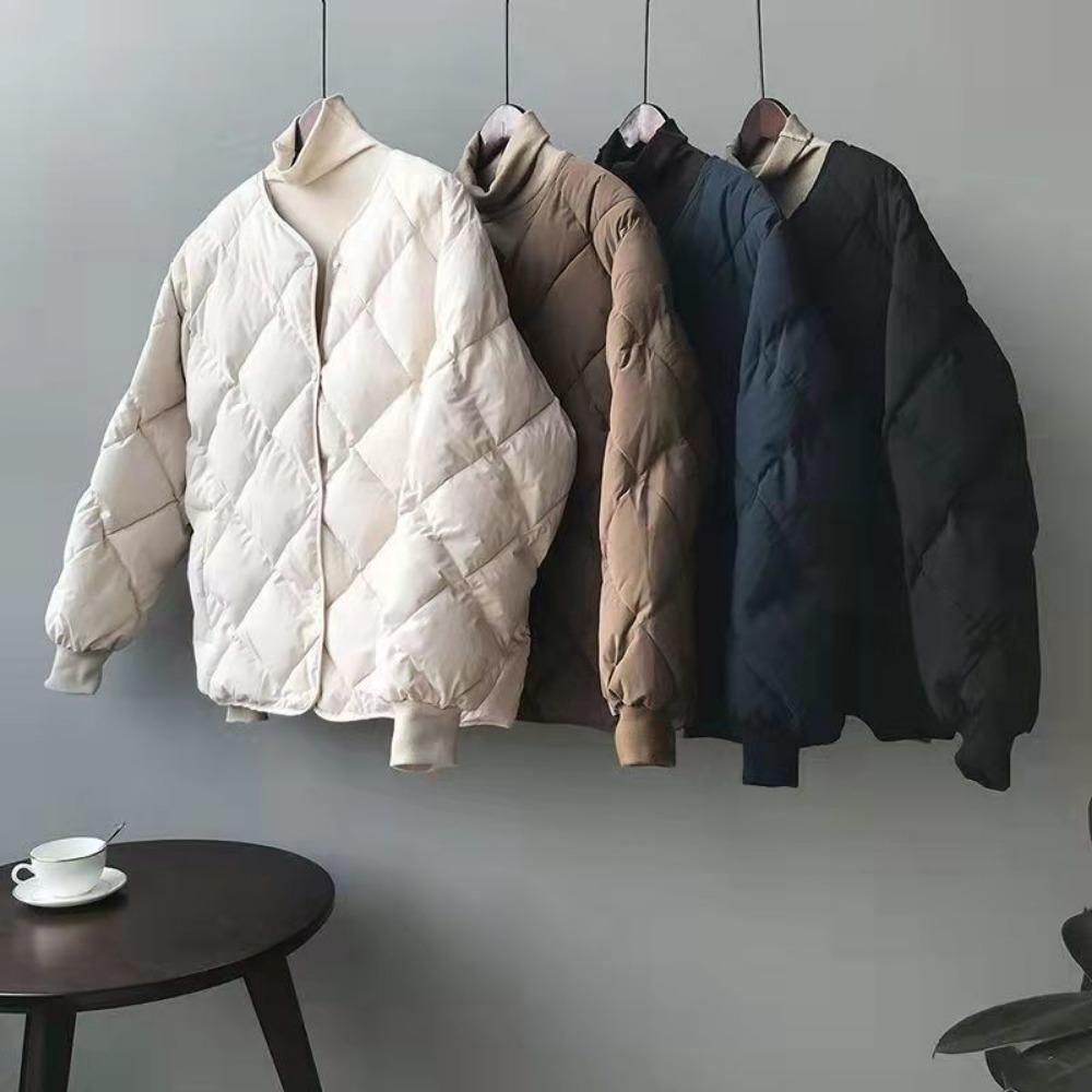 Women's Rhombus-Patterned Padded Jacket – Short Winter Bread-Style Jacket, Down-Filled Cotton Padded Coat and Collarless Quilted Jacket