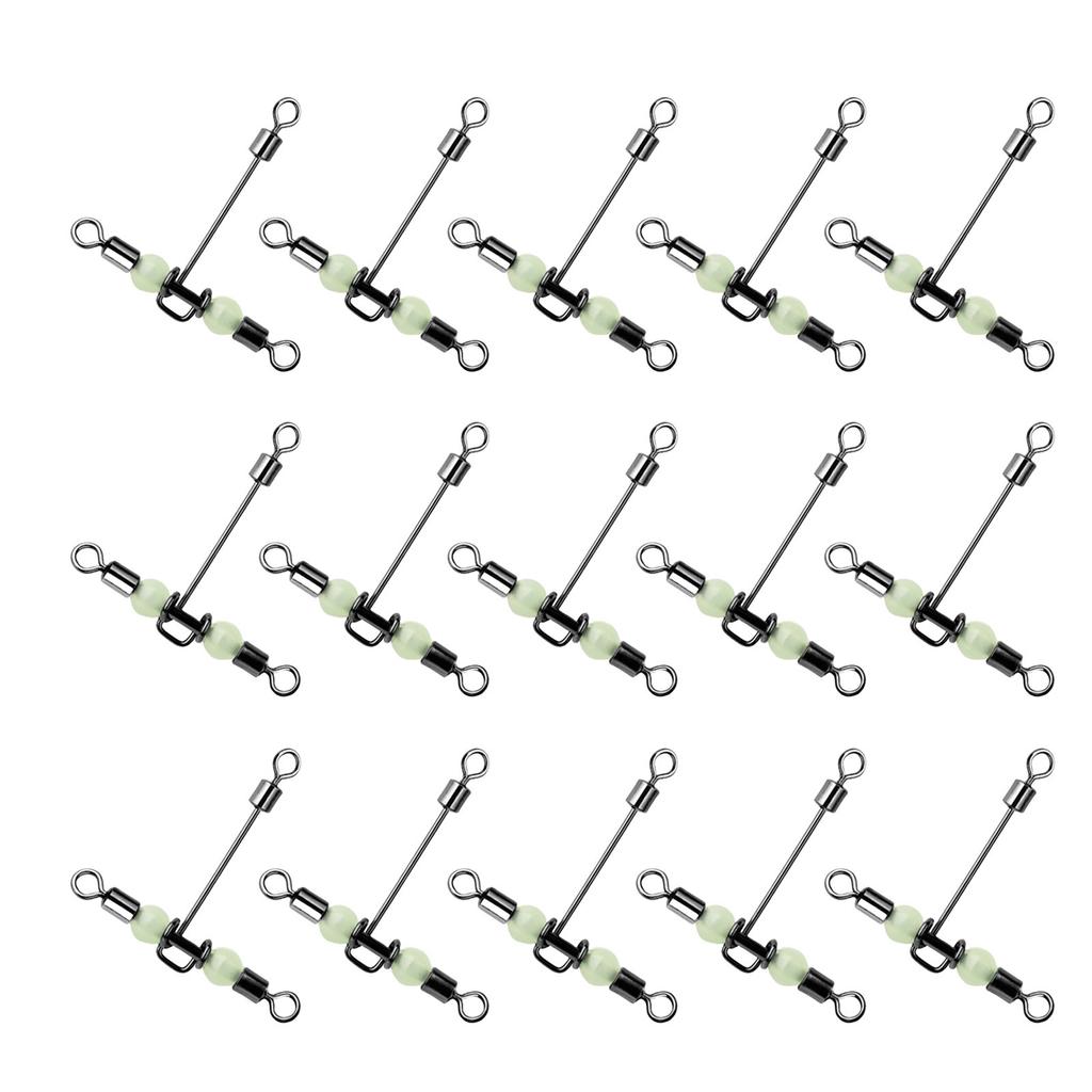 15Pcs Barrel Rolling Swivels Fishing Tackle with Luminous Beads Cross Line Swivels T Shape Swivel Catfish Rig Swivels