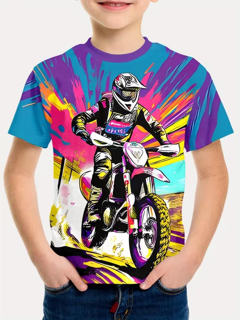 Chlapecké tričko s motorkářem 3D tištěné tričko pro chlapce 2-10 let Krátký rukáv Top pro miminka a děti Letní trendy Street Dětský top