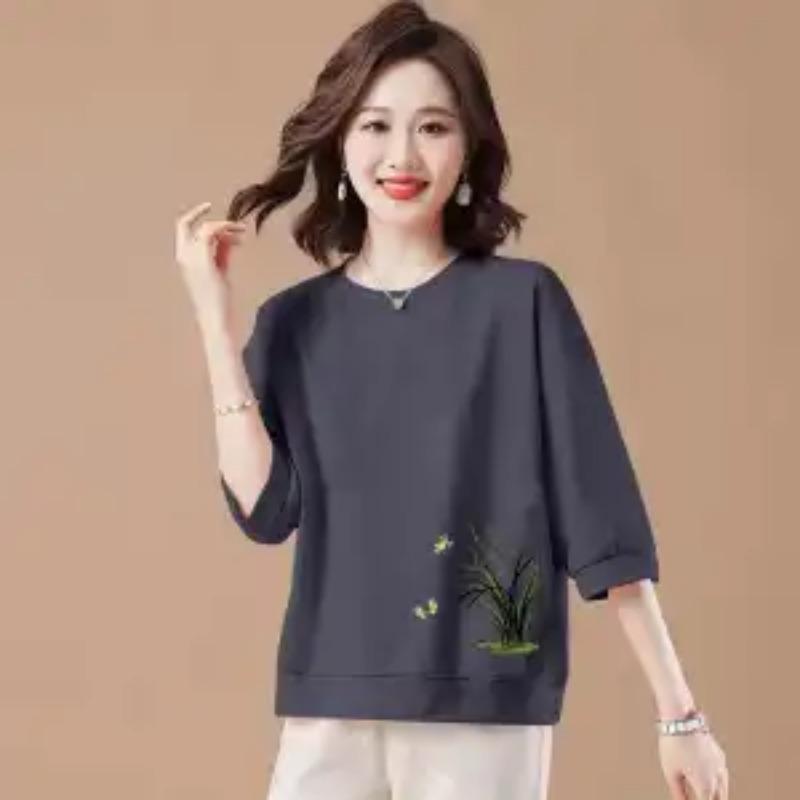 Women's Casual Floral Print Sweatshirt Half Sleeve Crew Neck Loose Pullover Top