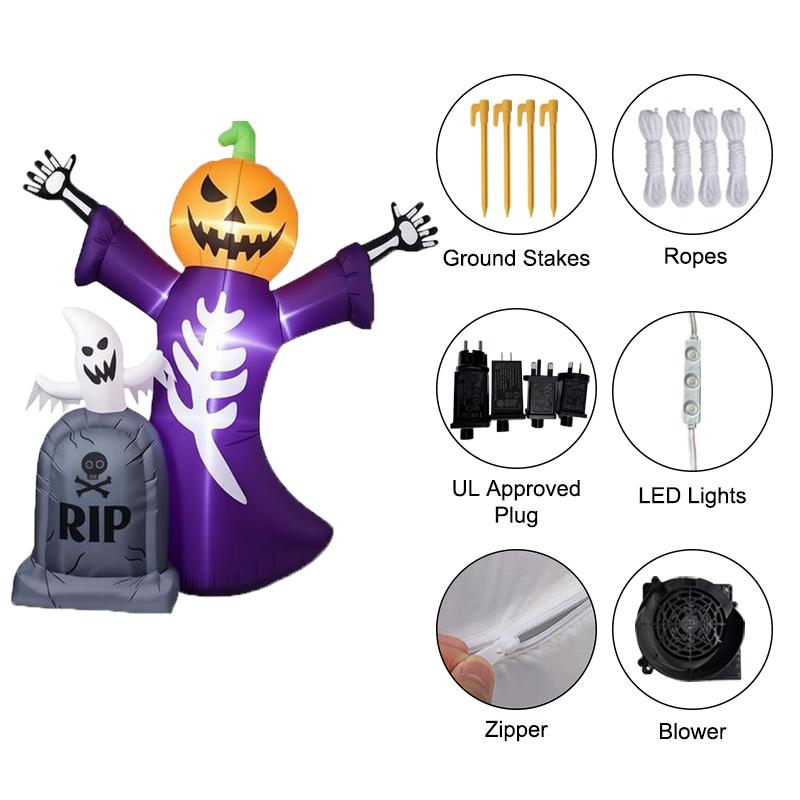 Zucca gonfiabile da 1,8 m per Halloween, Mietitore con testa, Luce LED, Decorazione da esterno per giardino, Scheletro gonfiabile, Lapide, Accessorio per festa cimitero