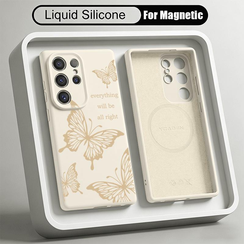 Goldern Sketch Butterfly Case For Samsung Galaxy S26 S25 Ultra S24 Plus S23 S22 Ultra Magnetic For Magsafe Liquid Silicone Cover