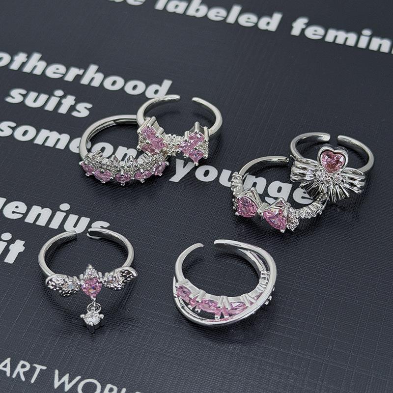Süßer Mädchenstil Silber-Rosa Diamantenbesetzter Schatz Schleife Stern Krone Offener Ring Nische Stapelring Frau