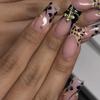 Medium Black Leopard Print False Nails with Floral Chain & Steel Bead Accents
