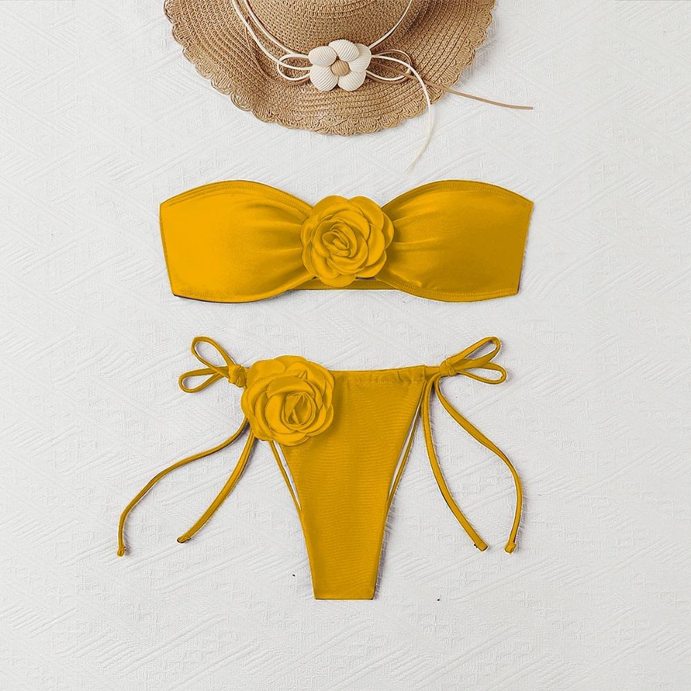 European and American Solid Color Rose Tube Top Bikini Drawstring Strap Split Swimsuit