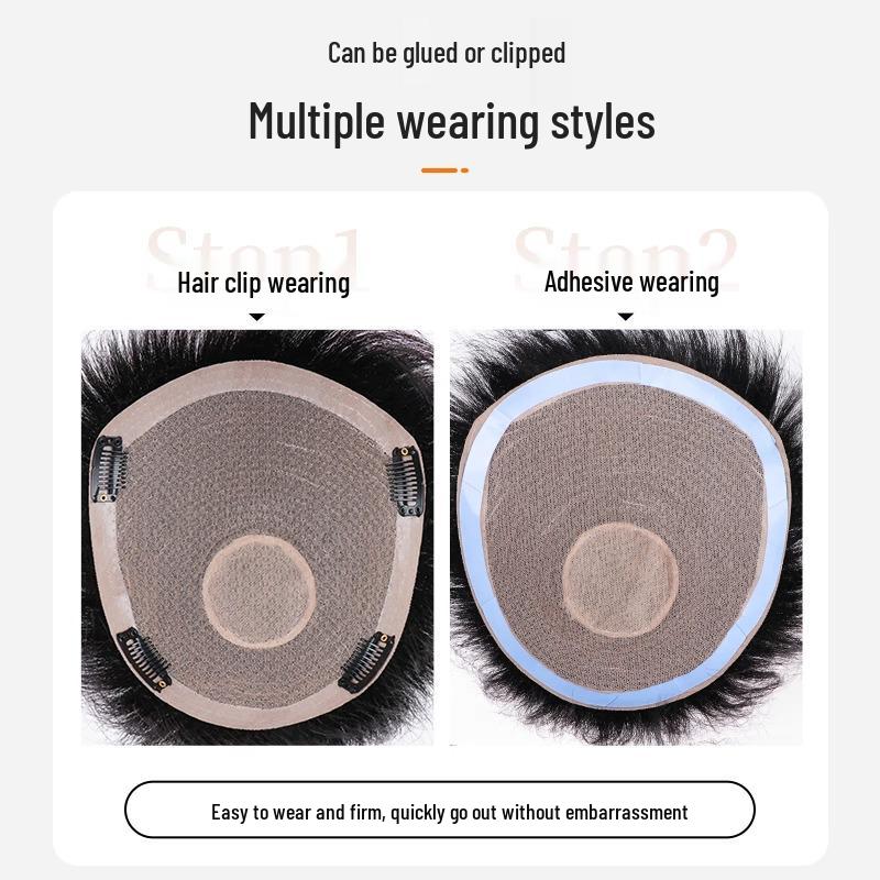 Men's Real Human Hair Short Wig – Invisible Hair Patch, Glue/Clip Option, Trimmed Top Piece