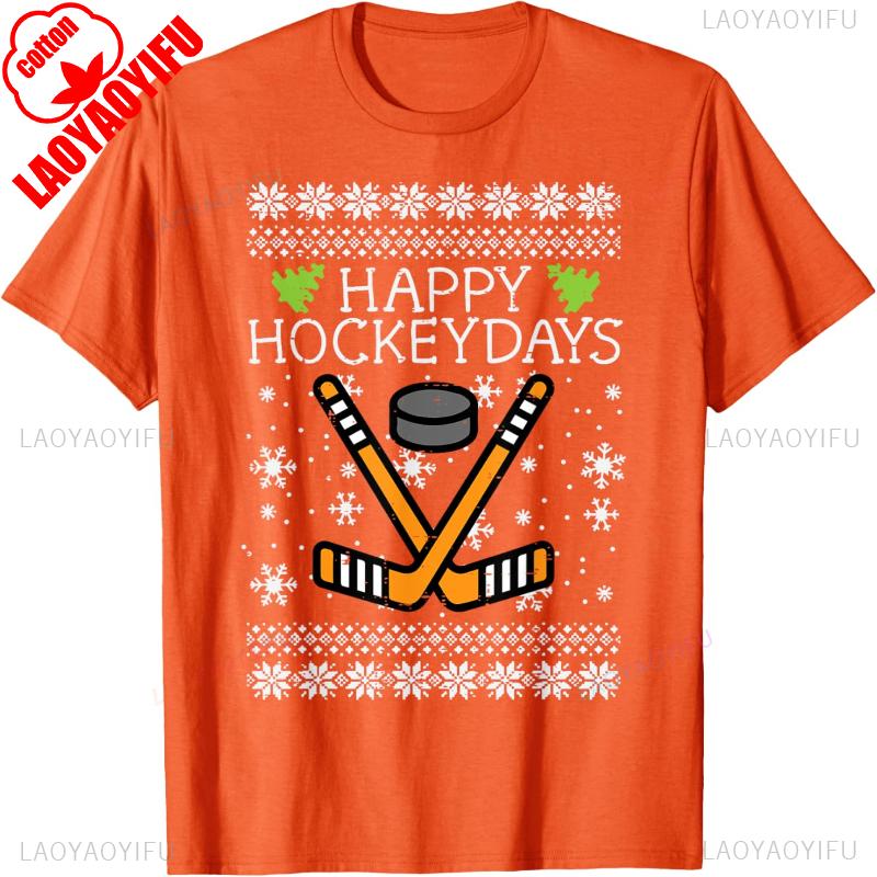 Happy Hockeydays Ugly Christmas Letters Printed Tshirt Tops Xmas Cool Hockey Unisex Boys Trending TShirt Regular Short Sleeve S