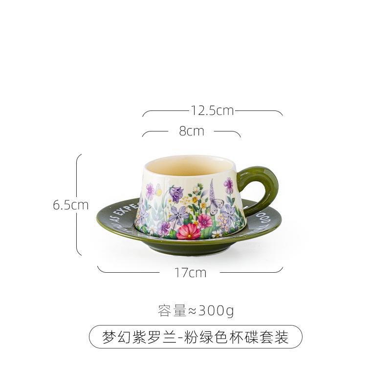 Retro Idyllic Coffee Cup Saucer Antique Oil Painting Green Lily Of The Valley Ceramic Cup Saucer Afternoon Tea Cup