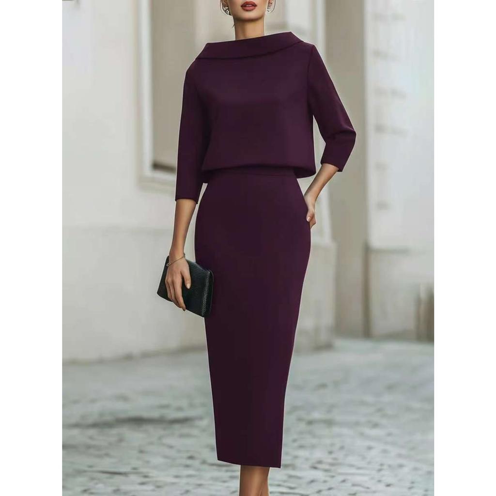 Completo Donna con Scollo ad Drappeggio e Manica a Tre Quarti, Gonna, Vestibilità Aderente, Elegante, Due Pezzi, Outfit Midi