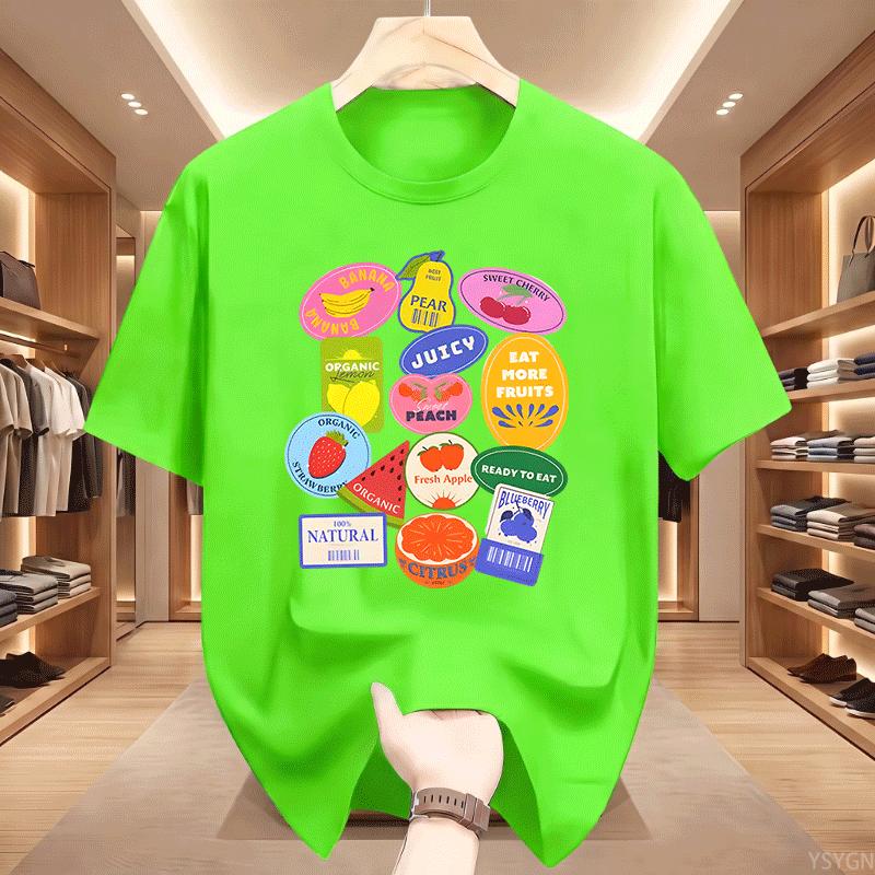 Summer Unisexs Fruit Stickers Graphic Print Tshirt Streetwear Oversized Loose Casual Short Sleeve Suitable For All Seasons Tops