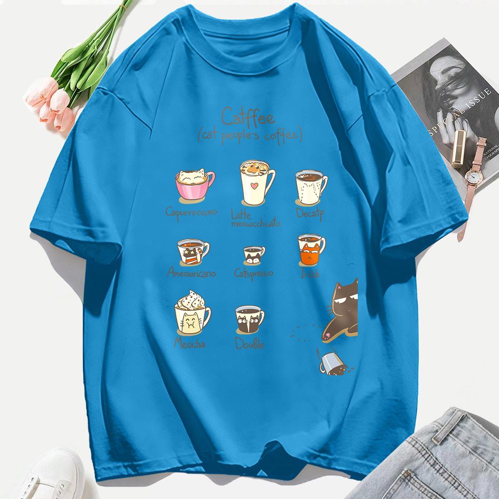 Cat People'S Coffee Illustration Printing T-Shirt Woman Summer Cotton T Shirts Y2K Soft Comfortable Top Unisex Hip Hop Clothes