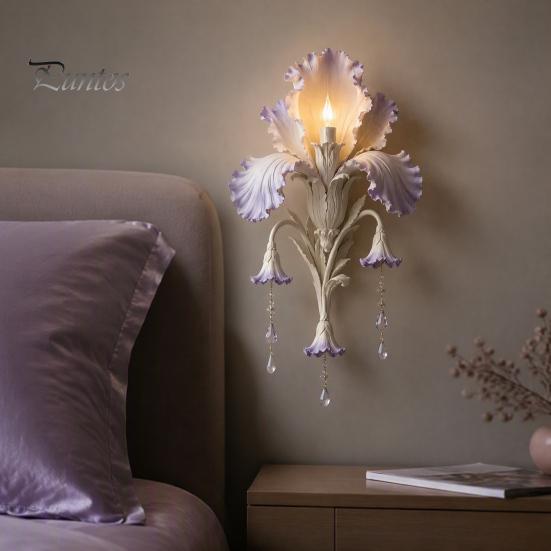 Bedroom Wall Lighting Iris Bloom Sconce, Vintage Floral Light with Faux Crystal Luxury Interior Drops, Romantic Purple Ambient Lamp for Living