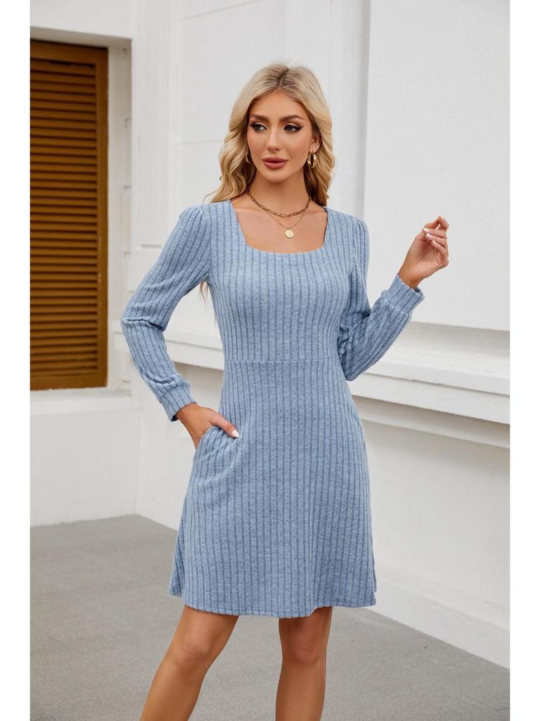 2025 Women's Square Neck Pocket Knit Sweater Dress - Long Sleeve Casual Fashion