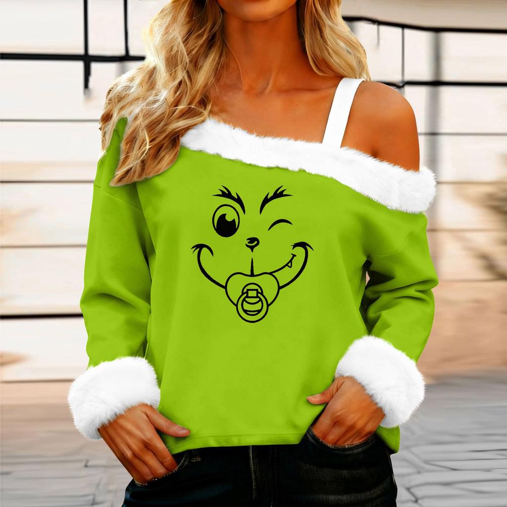 Women's Casual Fashion Sexy Off-Shoulder Collar Christmas Pattern Long Sleeve Crewneck T-Shirt Top