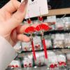 Red Folding Fan Earrings Chinese Style Tassel Ear Hooks Women New Year Party Good Luck Metal Jewelry Gifts Luxury-Style Earrings